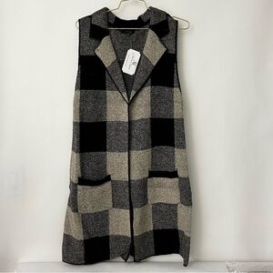Open Front Plaid Sweater Long Cardigan Vest Heathered Black Oatmeal With Pockets